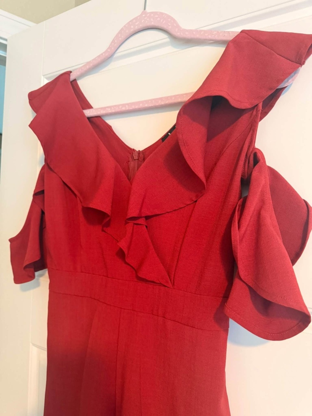 Lulus Doozy Rust Red Ruffled Wide-Leg Off-the-Shoulder Jumpsuit - Picture 4 of 6